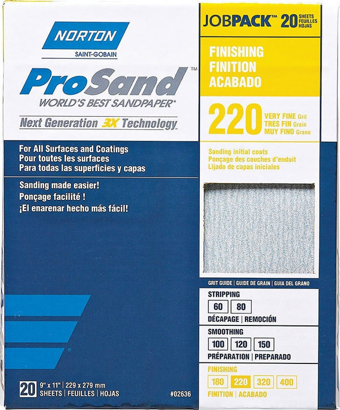 Norton ProSand 07660768167 Sanding Sheet, Tan, 11 in L, 9 in W, Very Fine, 220 Grit, Aluminum Oxide Abrasive
