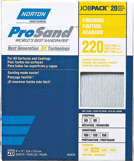 Norton ProSand 07660768167 Sanding Sheet, Tan, 11 in L, 9 in W, Very Fine, 220 Grit, Aluminum Oxide Abrasive