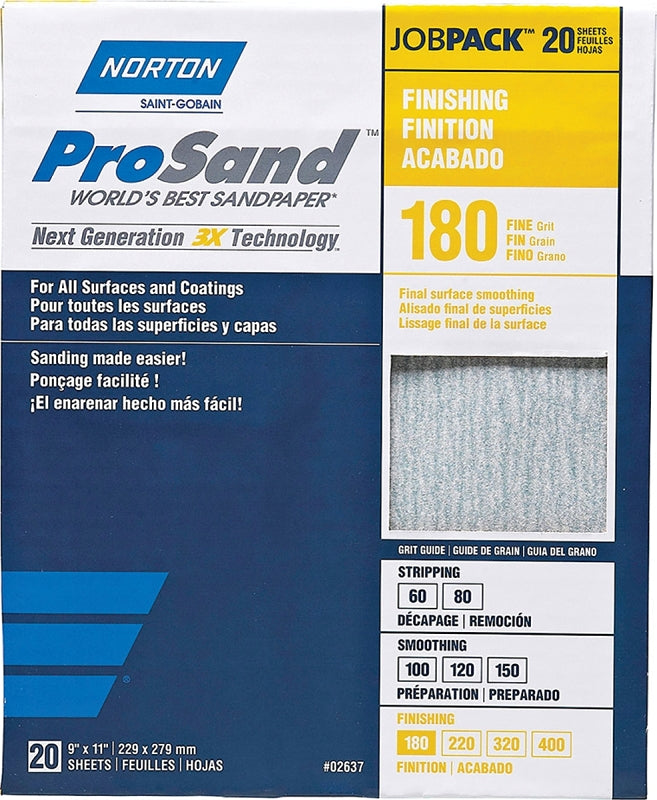Norton ProSand 07660768168 Sanding Sheet, Tan, 11 in L, 9 in W, Fine, 180 Grit, Aluminum Oxide Abrasive, Paper Backing