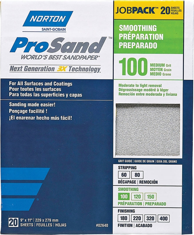 Norton ProSand 07660768173 Sanding Sheet, Tan, 11 in L, 9 in W, Medium, 100 Grit, Aluminum Oxide Abrasive, Paper Backing