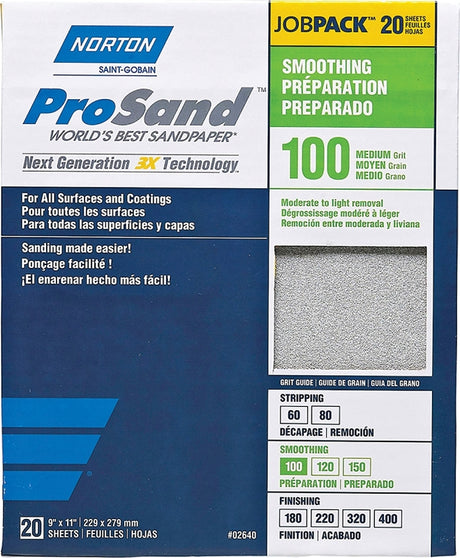 Norton ProSand 07660768173 Sanding Sheet, Tan, 11 in L, 9 in W, Medium, 100 Grit, Aluminum Oxide Abrasive, Paper Backing