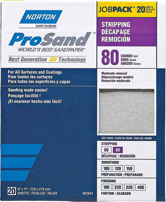 Norton ProSand 07660768174 Sanding Sheet, Tan, 11 in L, 9 in W, Coarse, 80 Grit, Aluminum Oxide Abrasive, Paper Backing