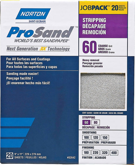 Norton ProSand 07660768175 Sanding Sheet, Tan, 11 in L, 9 in W, Coarse, 60 Grit, Aluminum Oxide Abrasive, Paper Backing
