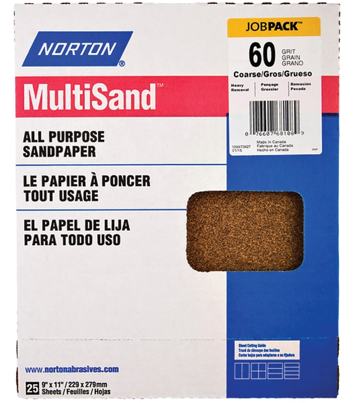 Norton MultiSand 07660768108 Sanding Sheet, Brown, 11 in L, 9 in W, Coarse, 60 Grit