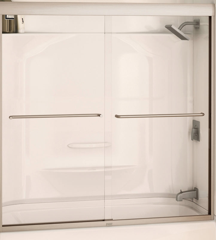 Maax Aura 135661-900-305 Bathtub Door, Nickel Frame, Semi Frame, Clear Glass, Bypass/Sliding Door, 1/4 in Glass