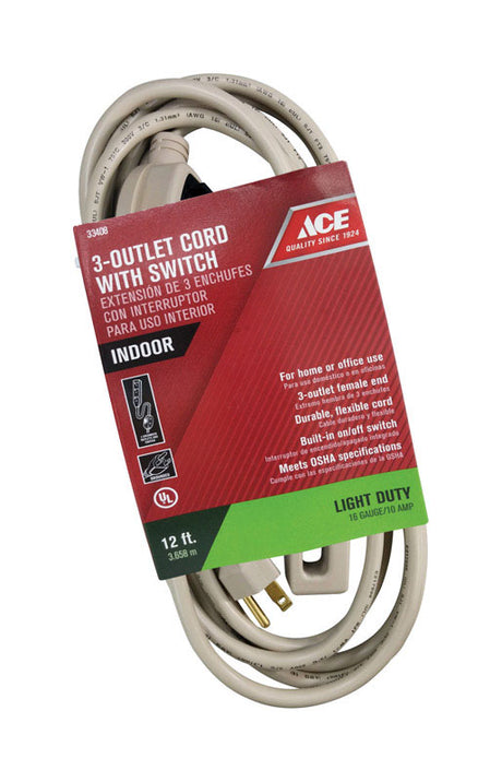 Ace Indoor 12 ft. L Beige Triple Outlet Cord 16/3 SJT