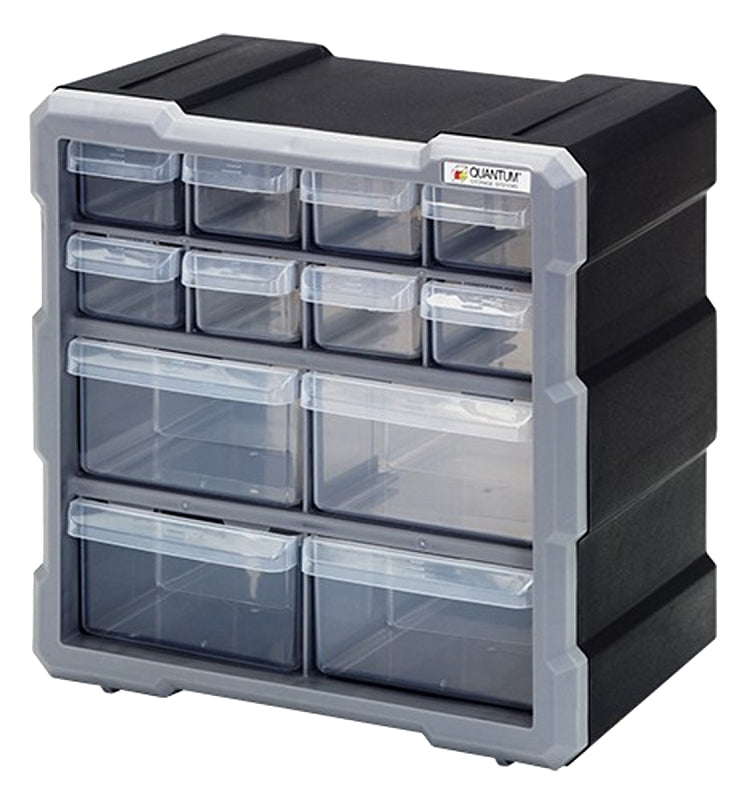 Quantum Storage Systems PDC-12BK Small Parts Organizer, 10-1/4 in L, 6-1/4 in W, 10-1/2 in H, 12-Drawer, Polypropylene