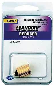 Jandorf 60427 Socket Reducer, E14 French to E12 Candelabra Base, 75 W, Brass, Gloss