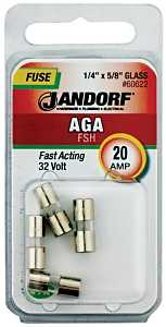Jandorf 60622 Series Fast Acting Fuse, 0.003 Ohm, 20 A, 32 V, 1 kA Interrupt, Glass Body