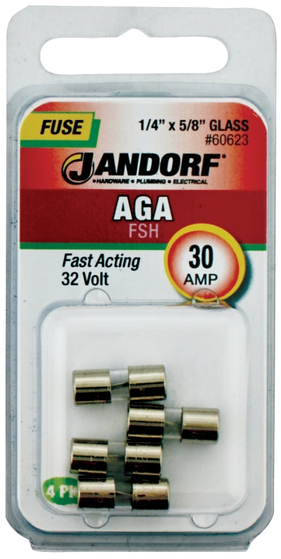 Jandorf 60623 Series Fast Acting Fuse, 0.002 Ohm, 30 A, 32 V, 1 kA Interrupt, Glass Body, 5/8 in Length