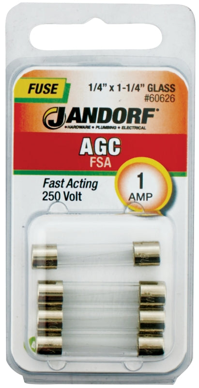 Jandorf 60626 Series Fast Acting Fuse, 0.19 Ohm, 1 A, 250 V, 35 A, 10 kA Interrupt, Glass Body