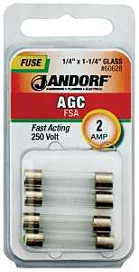 Jandorf 60628 Series Fast Acting Fuse, 0.07 Ohm, 2 A, 250 V, 100 A, 10 kA Interrupt, Glass Body