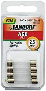 Jandorf 60629 Series Fast Acting Fuse, 0.05 Ohm, 2.5 A, 250 V, 100 A, 10 kA Interrupt, Glass Body