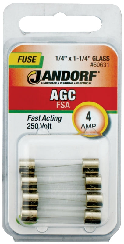 Jandorf 60631 Fast Acting Fuse, 4 A, 250 V, 200 A, 10 kA Interrupt, Glass Body