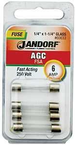 Jandorf 60633 Fast Acting Fuse, 6 A, 250 V, 200 A, 10 kA Interrupt, Glass Body