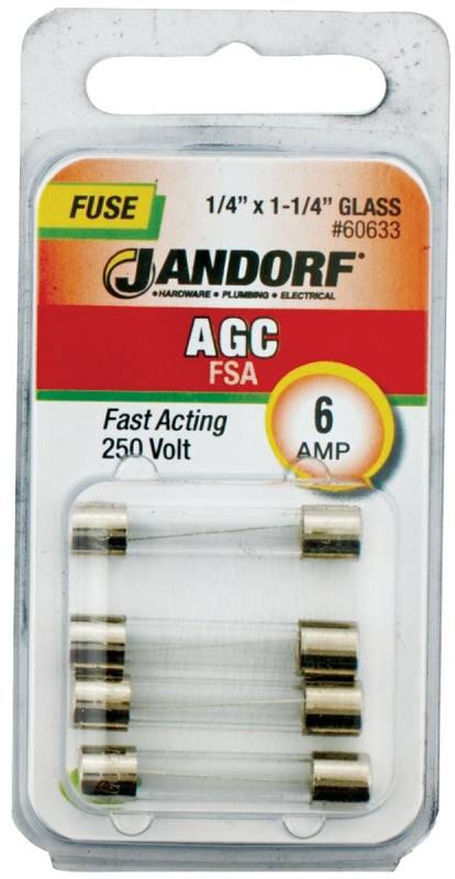 Jandorf 60633 Fast Acting Fuse, 6 A, 250 V, 200 A, 10 kA Interrupt, Glass Body