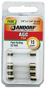 Jandorf 60638 Series Fast Acting Fuse, 0.006 Ohm, 15 A, 32 V, 1 kA Interrupt, Glass Body