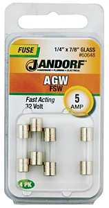 Jandorf 60648 Fast Acting Fuse, 5 A, 32 V, 10 kA Interrupt, Glass Body
