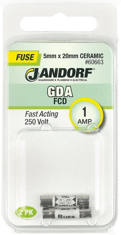 Jandorf 60663 Fast Acting Fuse, 0.23 Ohm, 1 A, 250 V, 1500 A Interrupt, Ceramic Body, 5 mm Dia