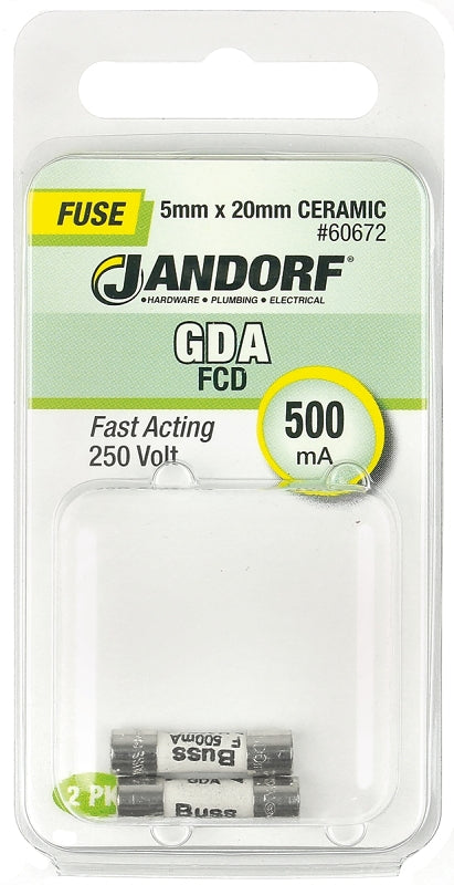 Jandorf 60672 Fast Acting Fuse, 0.46 Ohm, 500 mA, 250 V, 1500 A Interrupt, Ceramic Body
