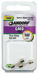 Jandorf 60704 Time Delay Fuse, 500 mA, 250 V, 35 A, 10 kA Interrupt, Glass Body