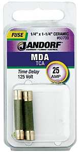 Jandorf 60709 Time Delay Fuse, 25 A, 125 VDC, 1500 A, 10 kA Interrupt, Ceramic Body