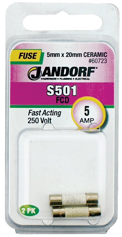 Jandorf 60723 Fast Acting Fuse, 0.01 Ohm, 5 A, 250 V, 1500 A Interrupt, Ceramic Body