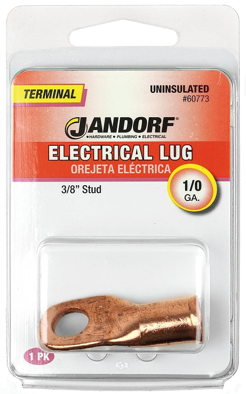 Jandorf 60773 Electrical Lug, 1/0 AWG Wire, 3/8 in Stud, Copper Contact, Brown