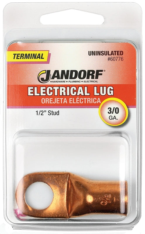 Jandorf 60776 Electrical Lug, 3/0 AWG Wire, 1/2 in Stud, Copper Contact, Brown