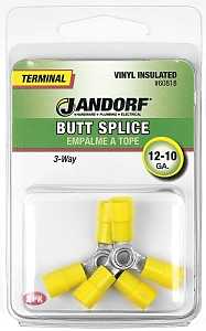 Jandorf 60818 Butt Splice Connector, 12 to 10 AWG Wire, Vinyl Insulation, Copper Contact, Yellow, Tin, 2/PK
