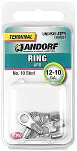 Jandorf 60834 Ring Terminal, 12 to 10 AWG Wire, #10 Stud, Copper Contact