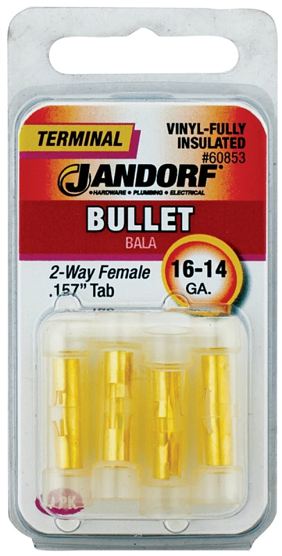 Jandorf 60853 Bullet Adapter, 600 V, 16 to 14 AWG Wire, Vinyl Insulation, Copper Contact, Yellow
