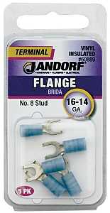 Jandorf 60889 Spade Terminal, 16 to 14 AWG Wire, #8 Stud, Vinyl Insulation, Copper Contact, Blue