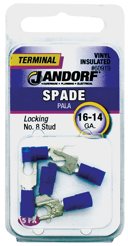 Jandorf 60919 Spade Terminal, 600 V, 16 to 14 AWG Wire, #8 Stud, Vinyl Insulation, Copper Contact, Blue, Tin, 5/PK