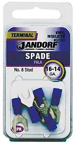 Jandorf 60920 Spade Terminal, 600 V, 16 to 14 AWG Wire, #8 Stud, Vinyl Insulation, Copper Contact, Blue, 5/PK