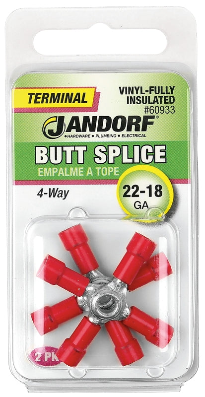 Jandorf 60933 Butt Splice Connector, 22 to 18 AWG Wire, Vinyl Insulation, Copper Contact, Red, 2/PK