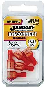 Jandorf 60940 Disconnect Terminal, 22 to 18 AWG Wire, Nylon Insulation, Copper Contact, Red