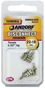 Jandorf 60943 Disconnect Terminal, 22 to 18 AWG Wire, Tin, 5/PK
