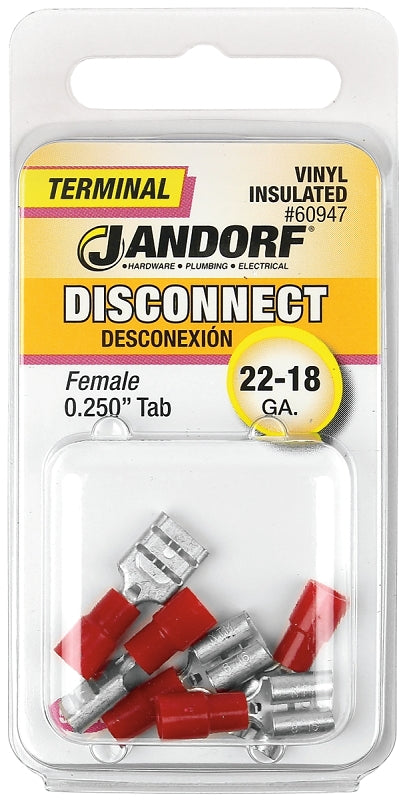 Jandorf 60947 Disconnect Terminal, 22 to 18 AWG Wire, Vinyl Insulation, Copper Contact, Tin, Red, 5/PK