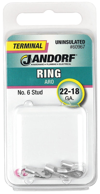Jandorf 60967 Ring Terminal, 22 to 18 AWG Wire, #6 Stud, Copper Contact, 5/PK