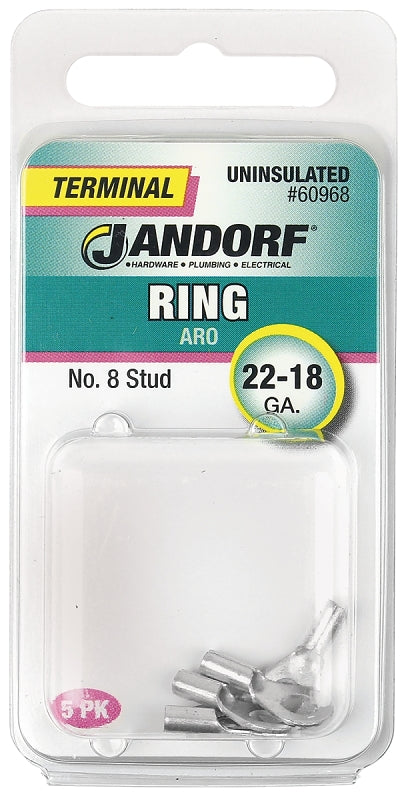Jandorf 60968 Ring Terminal, 22 to 18 AWG Wire, #8 Stud, Copper Contact