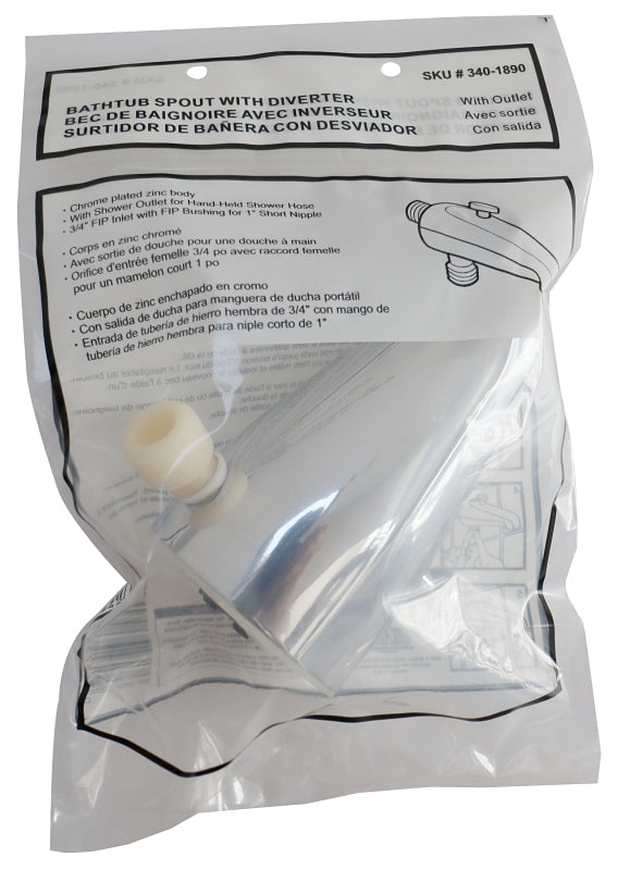 ProSource PMB-048 Bathtub Spout with Diverter, 5-1/4 in L, 3/4 x 1/2 in Connection, IPS, Zinc, Chrome Plated