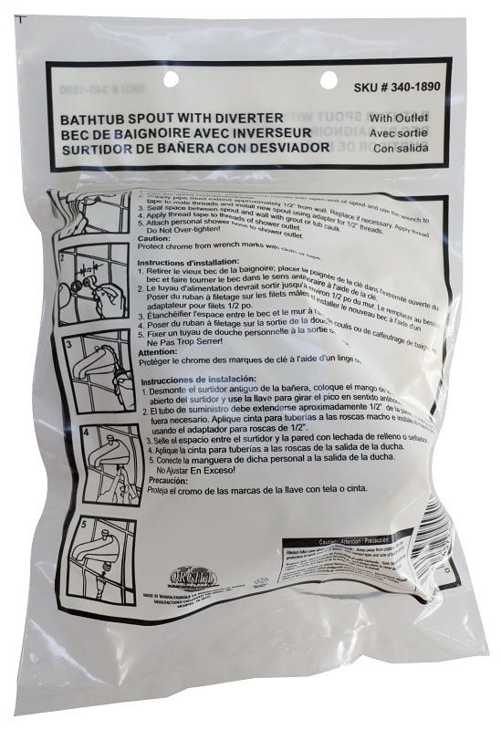 ProSource PMB-048 Bathtub Spout with Diverter, 5-1/4 in L, 3/4 x 1/2 in Connection, IPS, Zinc, Chrome Plated