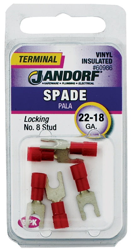 Jandorf 60986 Spade Terminal, 600 V, 22 to 18 AWG Wire, #8 Stud, Vinyl Insulation, Copper Contact, Tin, Red, 5/PK