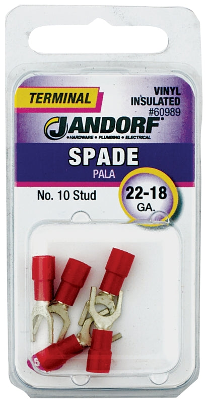 Jandorf 60989 Spade Terminal, 600 V, 22 to 18 AWG Wire, #10 Stud, Vinyl Insulation, Copper Contact, Red, 5/PK