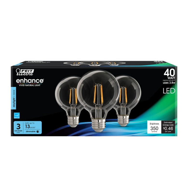 Feit Electric G2540/950CA/FIL/3/RP LED Bulb, Globe, 350 Lumens, 3.8 W, G25 Lamp, 40 W Equivalent, E26 Lamp Base, Clear