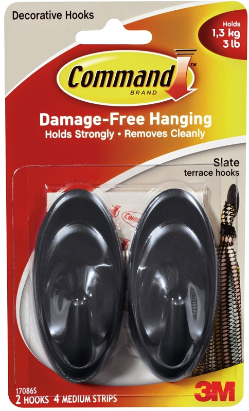 Command 17086S Medium Terrace Hook, 3-1/4 in L x 1-1/2 in W x 1-1/4 in H Dimensions, 3 lb, 2-Hook, Plastic
