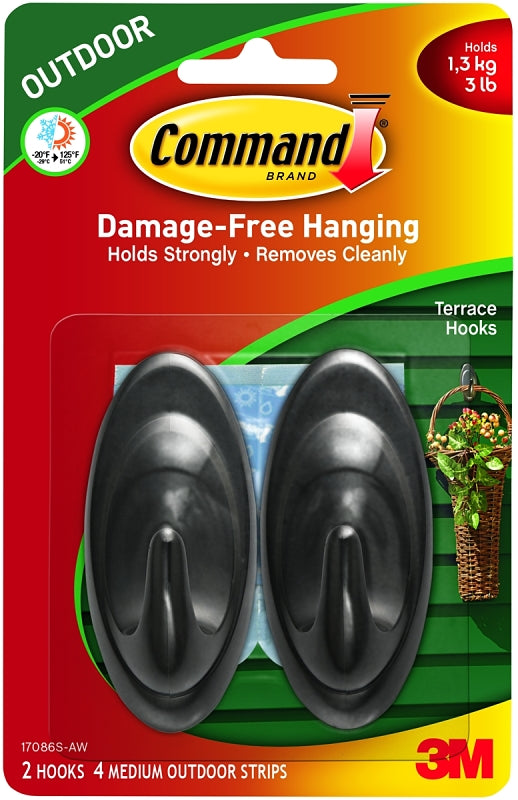 Command 17086S-AW Terrace Hook, 3-1/4 in L x 1-1/2 in W x 1-1/4 in H Dimensions, 3 lb, 2-Hook, Plastic, Slate