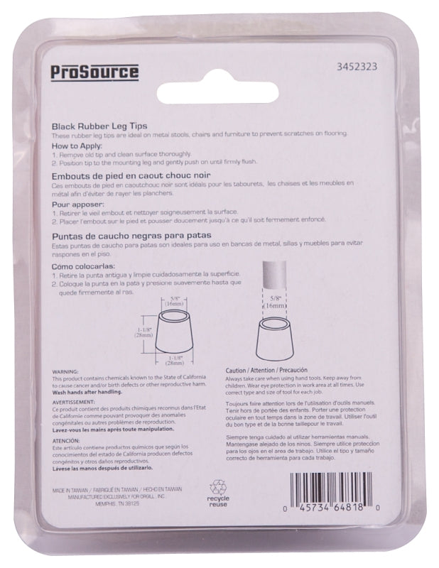 ProSource FE-50633-PS Furniture Leg Tip, Round, Rubber, Black, 5/8 in Dia, 1-1/8 in H