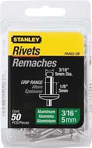 STANLEY PAA62-5B Pop Rivet, Reusable, 1/8 in Grip, 3/16, 1-1/2 in L, Aluminum, 50/PK